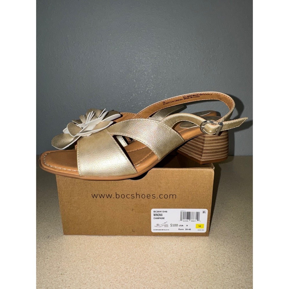 B.O.C. Winona Champagne Metallic Floral Block‎ Heel Sandals Womens 9 NEW